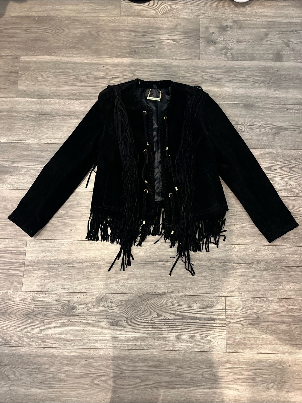 IMAN Woman’s Global Chic Genuine Leather Fringe Jacket Black Large Western Boho